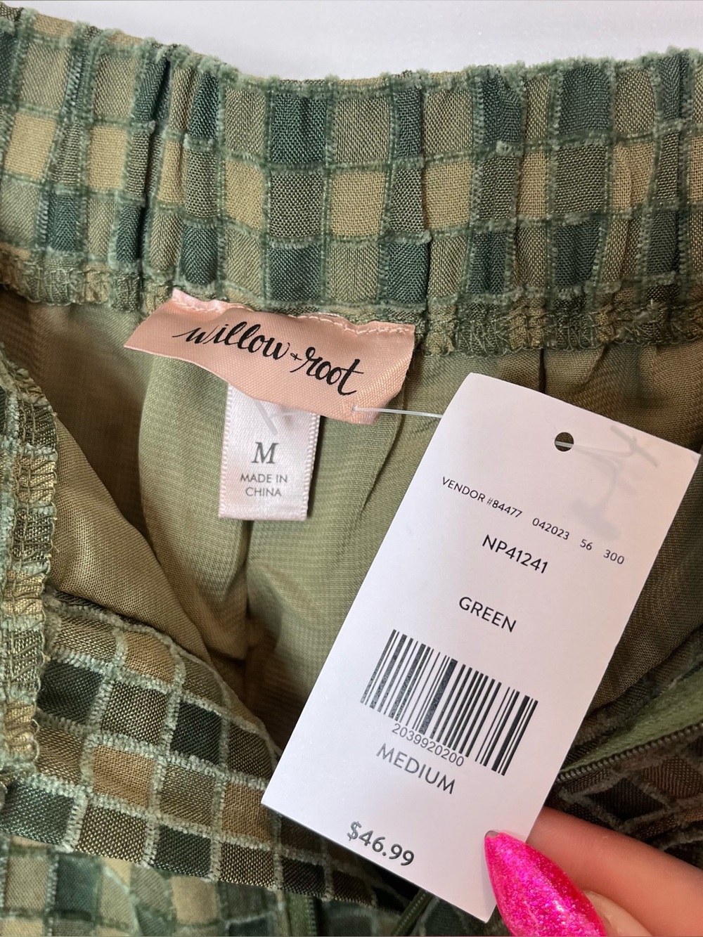 Willow + Root Pants Medium Olive Green Textured‎ Plaid Stretch Trousers NWT - Picture 2 of 6